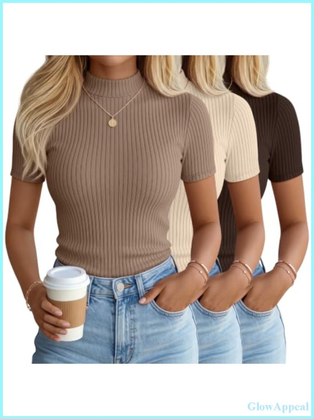 Riyiper 3 Pack Women's Ribbed Mock Neck Short Sleeve T-Shirts Stretch Knit